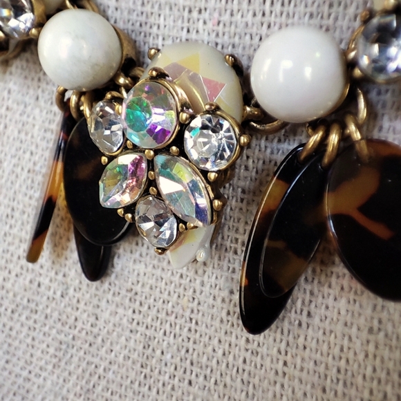 J. Crew Oxidized Brass Tone Art Deco Clear AB Faux Tortoise Statement Necklace - Picture 5 of 11